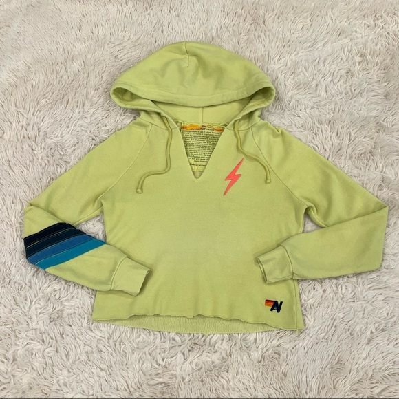 Aviator Nation Bolt Stitch Chevron Crop Hoodie Sweatshirt Top Women’s XS Yellow - Picture 2 of 7